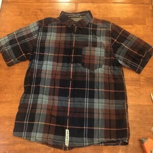 Kavu Button-Up Shirt Men's Medium Short Sleeve Blue Plaid Pockets Hiking